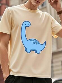 Dinosaur Cartoon Print Men's U-Neck-Shirt, With A Fun And Cute Design, Suitable Spring, Summer, And Autumn, Young People Who Love Retro And Casual Styles - Orange - View 12