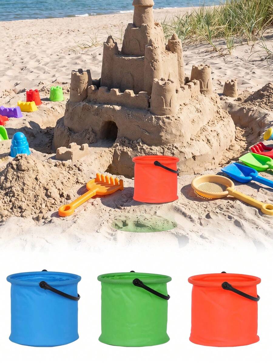 3pcs Foldable Buckets, Portable Beach Folding Bucket, Small Colorful Fishing Bucket, Lightweight Collapsible Water Bucket, Practical Foldable Water Container Suitable For Painting, Camping, Fishing, Beach, Garden, Pool, Hawaii Party, Beach Party, Available In 3 Colors - A - View 1