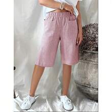 Women's Casual Shorts, Retro Summer Style, Jacquard Woven, Striped And Patchwork - Light Blue - View 8