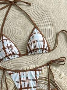 Ensemble de bikini à carreaux sexy avec dos nu et décolleté pour femmes, avec short de bain. Maillot de bain de plage à haute élasticité - Multicolore - Voir 4