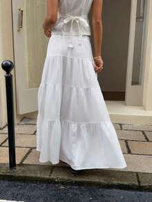 Women's Casual Vacation Multi-Layer Cake Skirt, Suitable For Summer White Boho Maxi Skirt Suitable For Going Out Chic Dress - 白色 4 - 查看 2