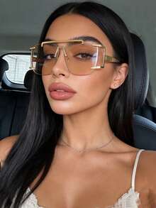 1pc Elegant Square Fashion Glasses, Retro Personalized Frameless Double-Bridge Women's Glasses, Suitable For Women's Daily Outfits, Travel, Beach, Music Festivals In Autumn/Winter - Champagne Slices - View 3