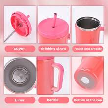 Drinking Bottle, Water Bottle, Coffee Mug, Travel Mug, Drinking Bottle With Straw, Made Of Stainless Steel, Bottle, Drinking Cup, Cup, Ice Cold, Take The Handle And The Straw, Double Feedback Effect, The Selection Is Colored - Rose Red - View 7