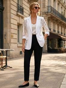 Sheer White Blazer Jacket For Women, Thin Style, Casual Office Wear, 3/4 Sleeve, Petite Spring - trắng - Xem 2