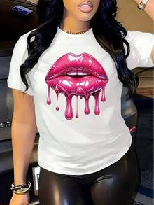 Women'S Casual Pink Lip Pattern T-Shirt Short Sleeve Crew Neck Spring Summer Fashion Top Soft Machine Washable Glossy Fabric All Season Wear - White - View 4
