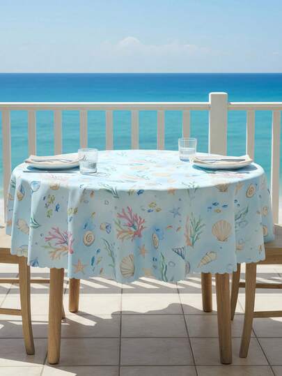 1 chiếc khăn trải bàn tròn họa tiết vỏ sò biển màu nước, khăn trải bàn bằng polyester phong cách ven biển với viền vỏ sò, khăn trải bàn chủ đề bãi biển cho phòng ăn trong nhà/ngoài trời, sân hiên, vườn, tiệc mùa hè và trang trí nhà bếp.