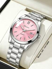 Reloj de cuarzo con caja redonda de acero inoxidable plateado, esfera rosa, diseño de estrella, con calendario, regalo de cumpleaños, versátil para uso diario, vuelta a la escuela - Plateado - View 2