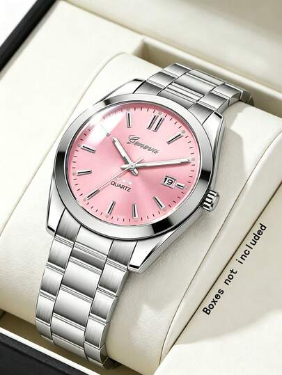 1pc Silver Stainless Steel Round Case Engraved Scale Quartz Watch, Pink Dial, Calendar Design, Best Birthday Gift For Him, Suitable For Daily, Party, Gift-Giving, Back To School Season