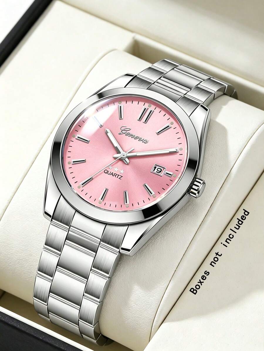 Reloj de cuarzo con caja redonda de acero inoxidable plateado, esfera rosa, diseño de estrella, con calendario, regalo de cumpleaños, versátil para uso diario, vuelta a la escuela