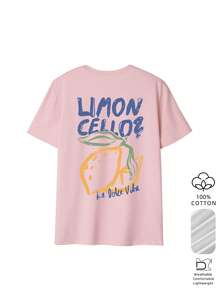 Summer New Lemon Print Short Sleeve Top, Italian "Limoncello" Style Lemon Graphic T-Shirt, Soft & Comfortable Loose Casual Fit Pink Vacation - Pink - View 3