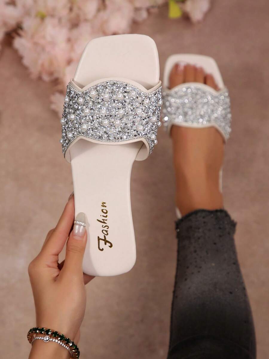 Plus Size Women's Fashion Flat Sandals, Open Toe Slip-On Slippers, Comfortable Casual Slides, Rhinestone Decor, Suitable For Summer