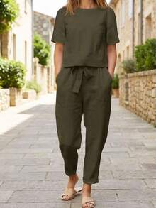 Women's Solid Color Round Neck Casual Long Sleeve T-Shirt And Long Pants 2 Pieces Set Summer - Army Green - View 3