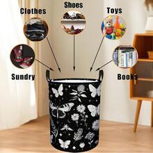 1PC Boho Butterfly & Flower Storage Bucket Black And White Aesthetic Laundry Organizer, Portable Foldable Bin For Bedroom - Black - View 4