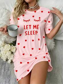 女款「Sleep」標語睫毛圖案睡衣－舒適短袖圓領 T-shirt 連身裙，愛心裝飾，四季針織睡衣 - 粉色 - 查看 1