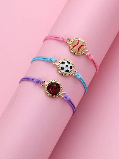 3pcs/Set Kids Handmade Woven Geometric Sports Themed Charms Bracelet Set (Baseball, Football, Basketball), Suitable For Daily Wear, Gifts, Holidays