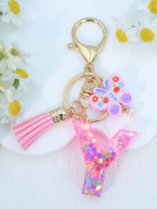 1pc Resin Letter Keychain With Butterfly & Pearl Decor, Minimalist Bag Charm, Holiday Gift For Women A-Z - Baby Pink - View 9