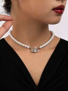 1 件女士时尚闪亮心形星形珍珠项链带耳环套装，金色 - 白色 - 查看 16