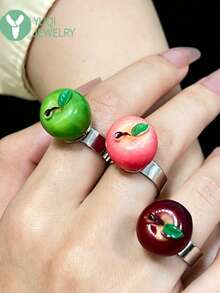 3 piezas Anillos de resina con diseño 3D de manzana realista, joyas únicas con forma de manzana roja y verde - Multicolor - Ver 3
