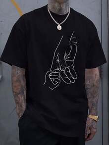 Große Hand hält kleine Hand, Handhaltemuster, bedrucktes Kurzarm-Kragen-T-Shirt, weich und bequem, 100% Baumwolle, lässiges, breites, fitnessorientiertes, sportliches, modisches Herren-T-Shirt - Schwarz - Übersicht 1