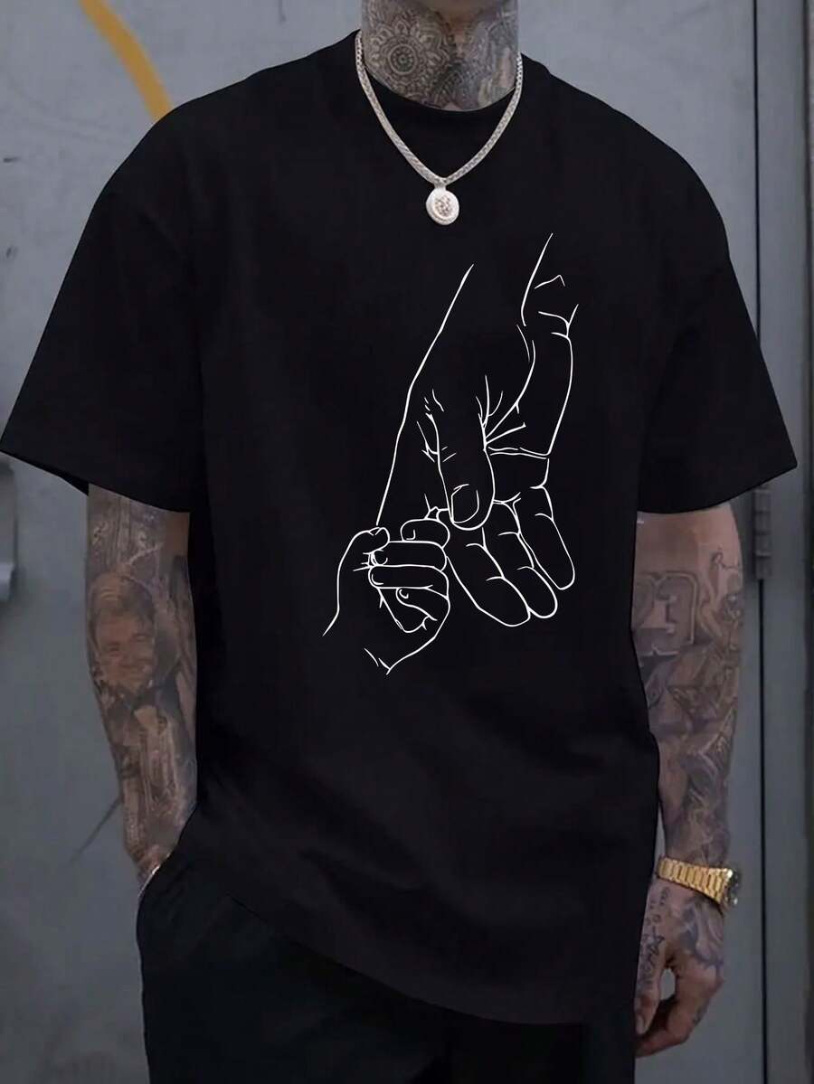 Große Hand hält kleine Hand, Handhaltemuster, bedrucktes Kurzarm-Kragen-T-Shirt, weich und bequem, 100% Baumwolle, lässiges, breites, fitnessorientiertes, sportliches, modisches Herren-T-Shirt - Schwarz - Übersicht 1