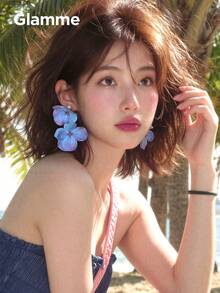1對誇張花朵人造珍珠垂墜耳環，適合女性休閒日常穿著、度假、時尚優雅、生日派對 - 藍色 - 查看 5