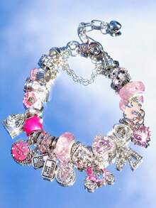 1pc Adorable Sparkling Zirconia Heart Charm Bracelet, Pink Glass Beaded Bracelet, Sweet Donut & Tram Number 21 Pendant DIY Bracelet, High-Quality Flirty Style Bracelet Gift For Friends - 銀色 - 查看 10