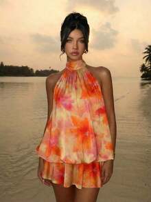 Vestido mini elegante de mujer con cuello halter y lazo en color amarillo claro - Multicolor 6 - Ver 6