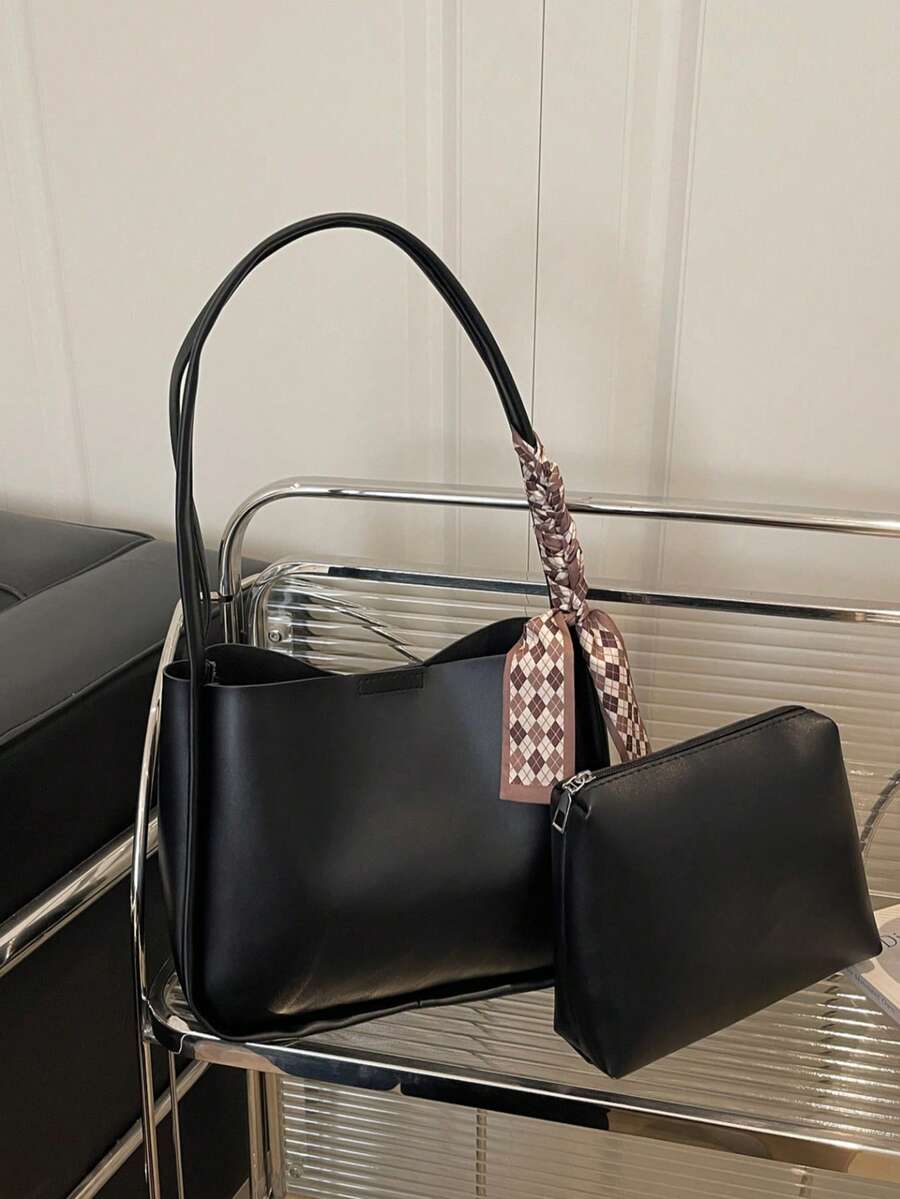 2条复古真丝围巾装饰，女士时尚休闲，搭配PU纯色缝制大容量手提包、托特包、书包，便携，经典休闲，商务休闲，适合青少年、大学生、白领，是工作、返校、中学、高中、大学、度假的理想之选。 - 黑色 - 查看 1