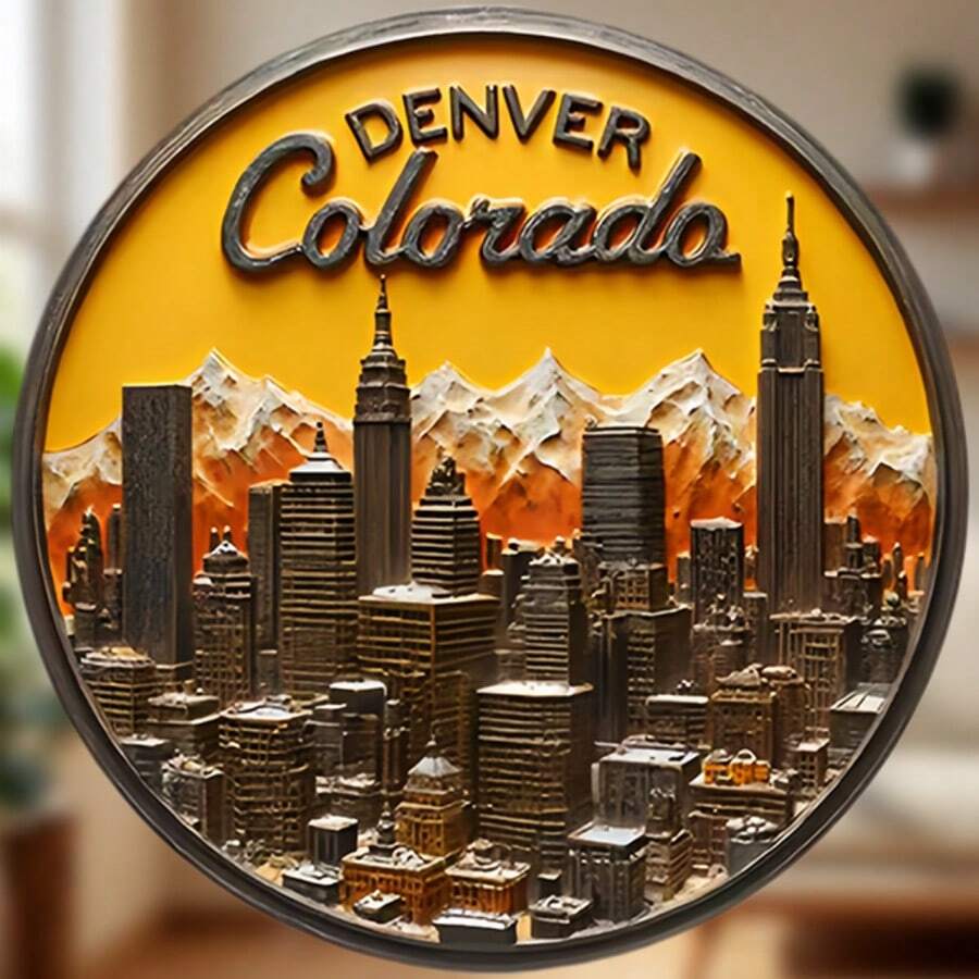 Mile-High City Keepsake – Raised Relief Fridge Decor Featuring Downtown Towers, Sunset Gradient & Retro Gold Trim - Denver, Colorado, USA - View 1