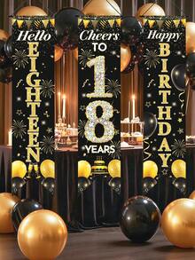 3件套18岁黑金生日门牌，闪亮18岁生日快乐门柱对联，125*30厘米涤纶悬挂横幅，18岁生日派对装饰，生日悬挂旗帜，生日庆祝用品，生日派对背景装饰，生日家居装饰，庭院装饰 - 黑金18歲 - 查看 7