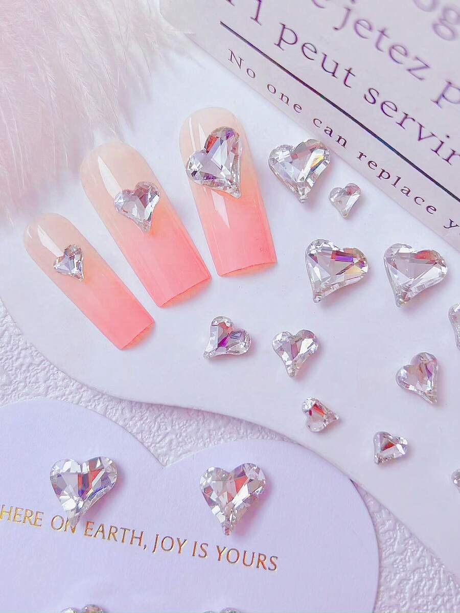 20 Pcs White Rhinestones, Large/Medium/Small Three Sizes Crooked Heart-Shaped Mixed Packaging, Crystal Nail Rhinestones, 3D Heart-Shaped Nail Art Jewelry Pointed Base Jewelry Heart Crystal Nail Art Jewelry DIY Nail Art Decorative Art Gemstone Nail Art Tools Accessories For Women And Girls Nails, Rhinestone Nail Art Supplies, Exotic Rhinestone Materials, Nail Art Rhinestone Jewelry, Manicurist Supplies, Nail Art Accessories, Nail Art Gemstones - Multicolor - View 1