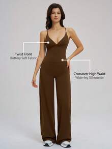 TimeOff Women's One Set Solid Color V-Neck Spaghetti Strap Sports Bra & Criss-Cross Waist Letter Print Straight Leg Pants Set - Brown - View 4