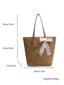 Summer Beach Vacation Straw Shoulder Bag, Large Capacity Bucket Bag For Women - Khaki - View 2