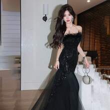 Women's Strapless Dress 2026 New Model Black Sequined Mermaid Tulle Dress For Host, Banquet, Wedding, Art Exam, Birthday - màu đen - Xem 6