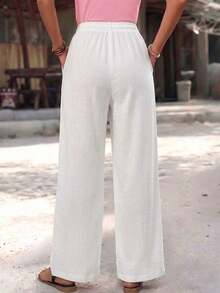 Quần dài nữ màu trắng bằng polyester, dáng suông, có dây rút, kiểu dáng rộng rãi thoải mái, phong cách bohemian, hơi xuyên thấu, co giãn nhẹ, thích hợp mặc mùa hè. - trắng - Xem 3