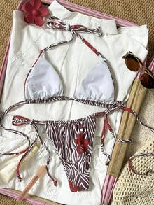 Elegant Zebra Print Bikini Set - White 2 Pieces With Burgundy Floral Accent | Charming Beach Style For Summer Vacation - Multicolor - View 7
