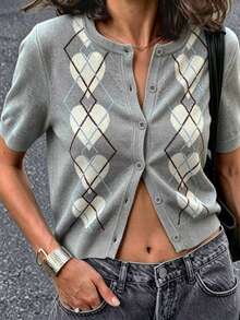 Women's Summer Fashionable Versatile Color Block Geometric Pattern Short Sleeve Knit Top, Heart-Shaped Button Design, Round Neck - Multicolor - View 11