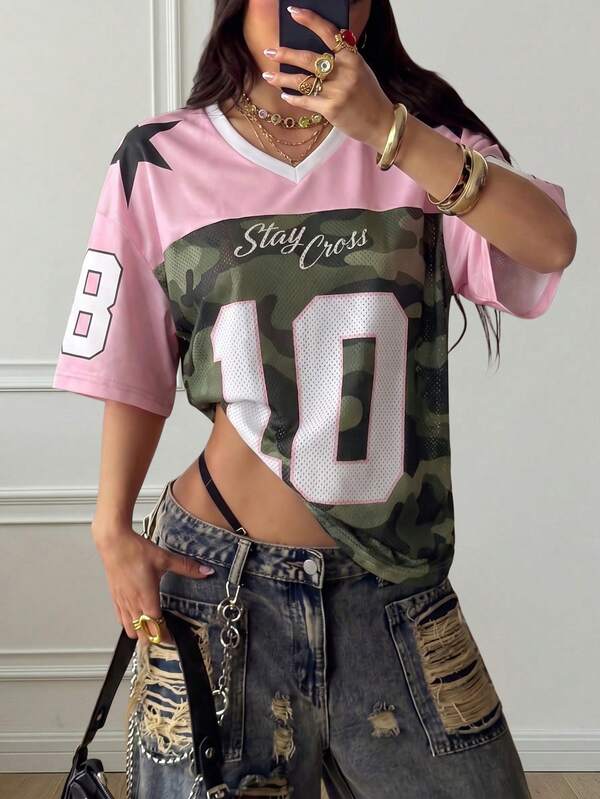 2026 World Cup Fan Vintage Style Mesh Camouflage Print Jacquard Knit Women Sports T-Shirt