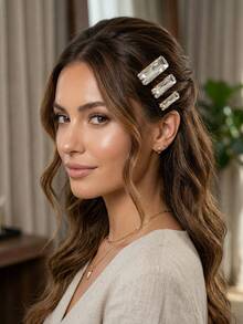 3/6 piezas Pasadores de pelo geométricos rectangulares minimalistas franceses, con rhinestones brillantes, set de pasadores de pelo elegantes y versátiles para fiestas y uso diario, accesorios para el cabello, viajes, cumpleaños - Dorado - Ver 6