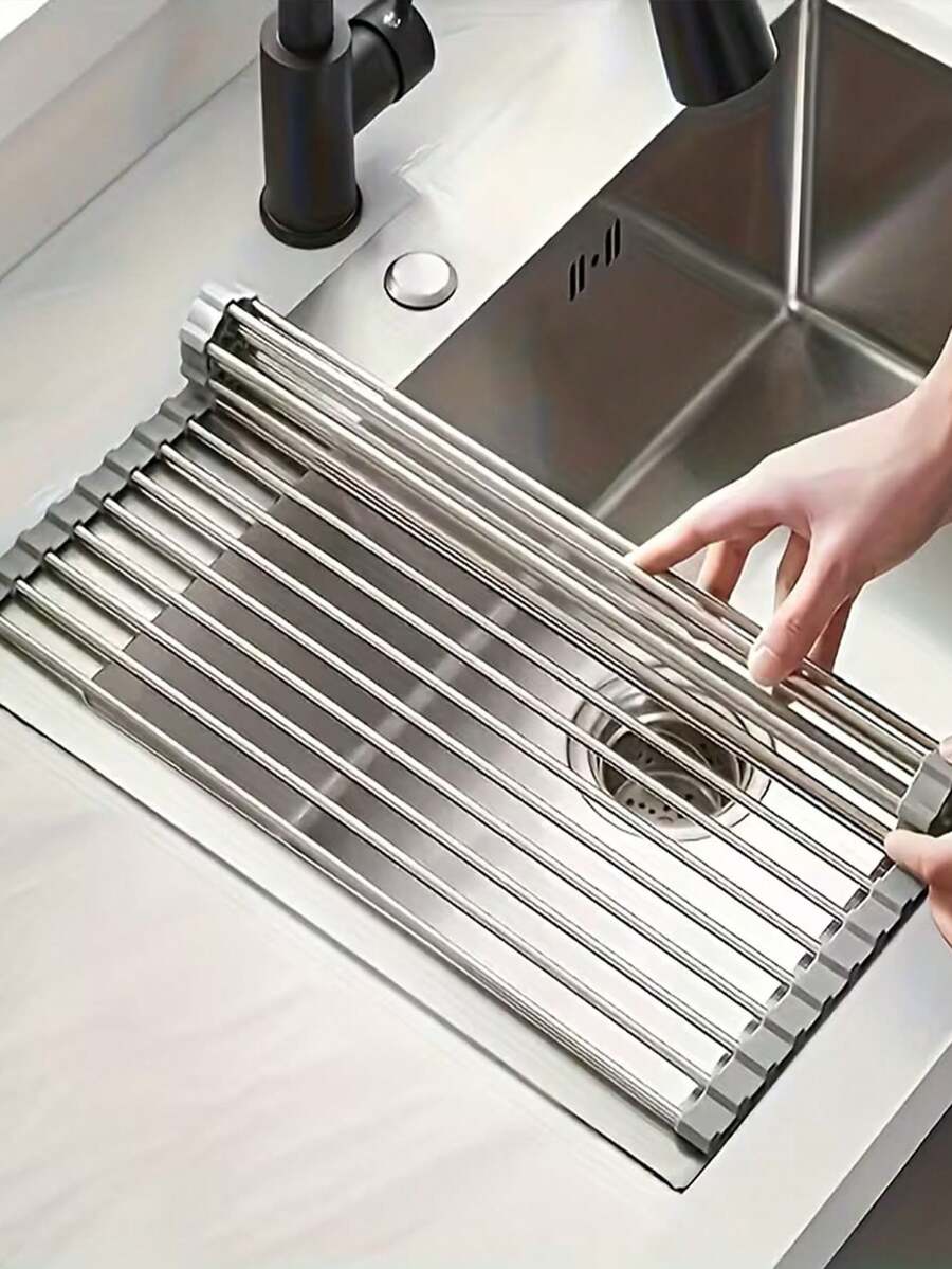 1 cái giá để ráo rau củ quả bằng thép không gỉ sáng tạo, giá đựng miếng bọt biển bồn rửa nhà bếp, giá để ráo nước nhà bếp bằng thép không gỉ có thể gập lại | Giá để ráo nước bồn rửa xoay được | Giá để ráo nước bồn rửa tiết kiệm không gian - màu đen - Xem 1