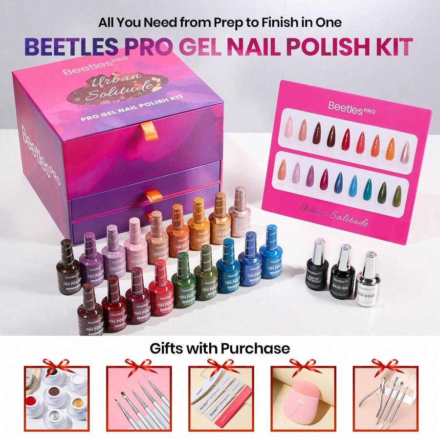 Beetles 18 Colors 15ml PRO Gel Polish Set – Urban Solitude Collection, Full Size Salon Nails Kit With Base Coat, Glossy & Matte Top Coats, 6 Painting Gel For Nails & Tools, UV Nail Lamp Cure Needed - 15Ml 18 Colors Urban Solitude - 查看 1