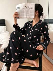 Dreamivo Bộ đồ ngủ nữ 2 món gồm áo dài tay cài cúc, cổ ve áo in hình trái tim và quần dài, thích hợp mặc ở nhà. - màu đen - Xem 6