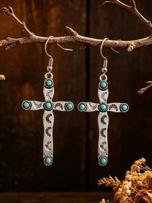 1 Pair Retro Western Style Cross Inlaid Turquoise Pendant Earrings, Vintage Distressed Cross Earrings For Women - Antique Silver - View 8