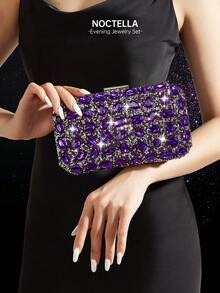闪耀奢华的紫色水钻手拿包，时尚优雅的女士晚宴包和派对包，搭配闪耀水钻三件套首饰（包括吊坠项链、手链和耳环），完美适用于派对、婚礼、舞会和晚宴，与节日派对礼服、晚礼服和亮片连衣裙相得益彰。 - 紫色 - 查看 5