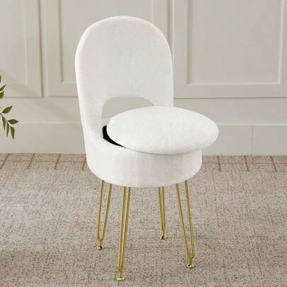 Vanity Chair With Storage And Folding Back, Faux Fur Round Storage Chair, Vanity Stool Chair With 4 Metal Bedroom, Living Room And Makeup Stations, 13x 13x 17. White