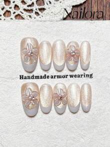 10pcs Handmade Nails Oval Nails Acrylic Press On Nails Medium Nails, Gentle Champagne Nails, Flashy Cateye, White French Tip Nails, Handpainted 3D Carved Flower, Nail Gems Pearl Inlaid, Simple Elegant Luxury Spring Nails, Homemade Press On Nails, Versatile Nails DIY False Nail Art Party Daily & Dating Suitable Use In Work Setting Reusable, For Women & Girls As Gift Nail Supplies - Multicolor - View 11