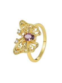 Women's Gold-Plated Hollow Butterfly Ring, Featuring Oval Purple Zirconia Stone And White Zirconia Accents, Ethereal And Fantastical Design, Suitable For Daily Commute And Workwear, An Ideal Gift For Fashion Enthusiasts - Gold - View 7