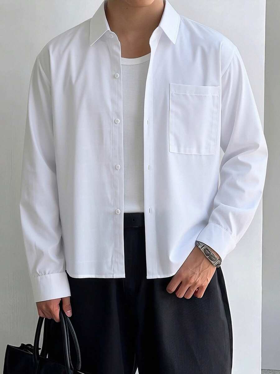 Men's Casual Loose Short Solid Color Long Sleeve Shirt, Versatile For Daily Wear And Commuting, Spring/Autumn - White - View 1
