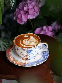 1 Set Hand-Painted Gold Rim Lotus Pattern Blue And White Ceramic Cup And Saucer Set, Unique Classical Asymmetrical Coffee Cup, Fusion Of Chinese And Western Floral Ceramic Cup And Saucer, Suitable For Afternoon Tea, Milk Coffee Cup, Dessert Plate, High-End Gift For Friends, Applicable For Home, Restaurant, Cafe, Gathering - Blue - View 12