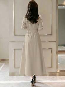 Solid Color Elegant Front Button Pocket Belt Dress, Suitable For Office Spring - Apricot - View 2